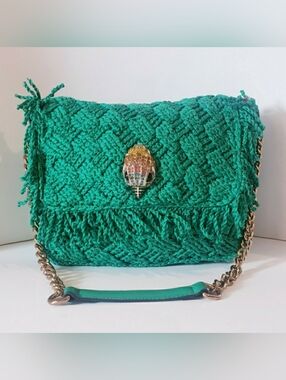Kurt Geiger Bright Green Crochet Fringe Kensington Shoulder Bag